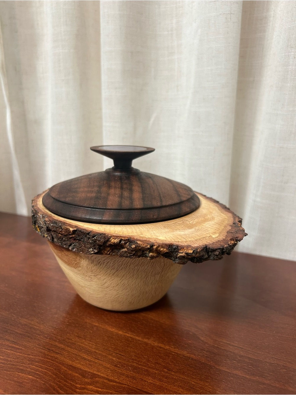 Handcrafted Oak Burl Bowl with Walnut Lid Live Edge Artisan Woodworking Decor - Picture 5 of 10